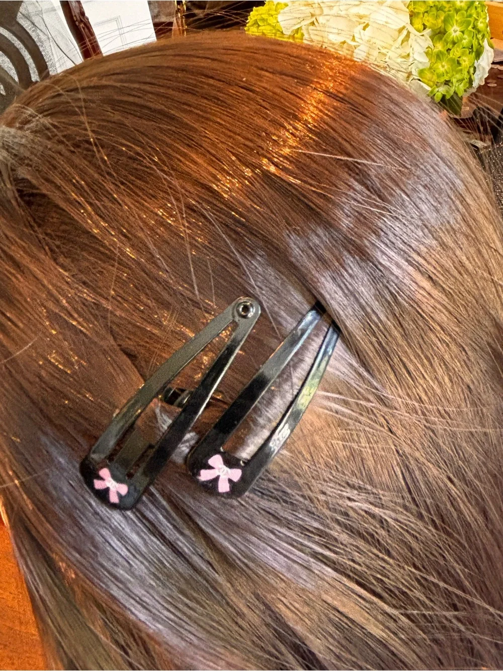 Hand Crafted Black Snap Hair Clips with Pink Bow